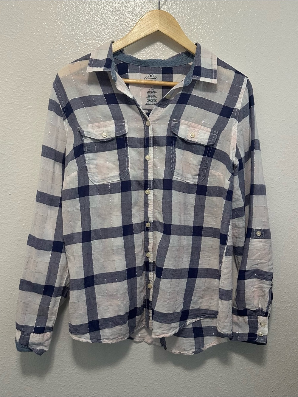 St. John's Bay Shimmer White and Navy Plaid Button-Front Shirt